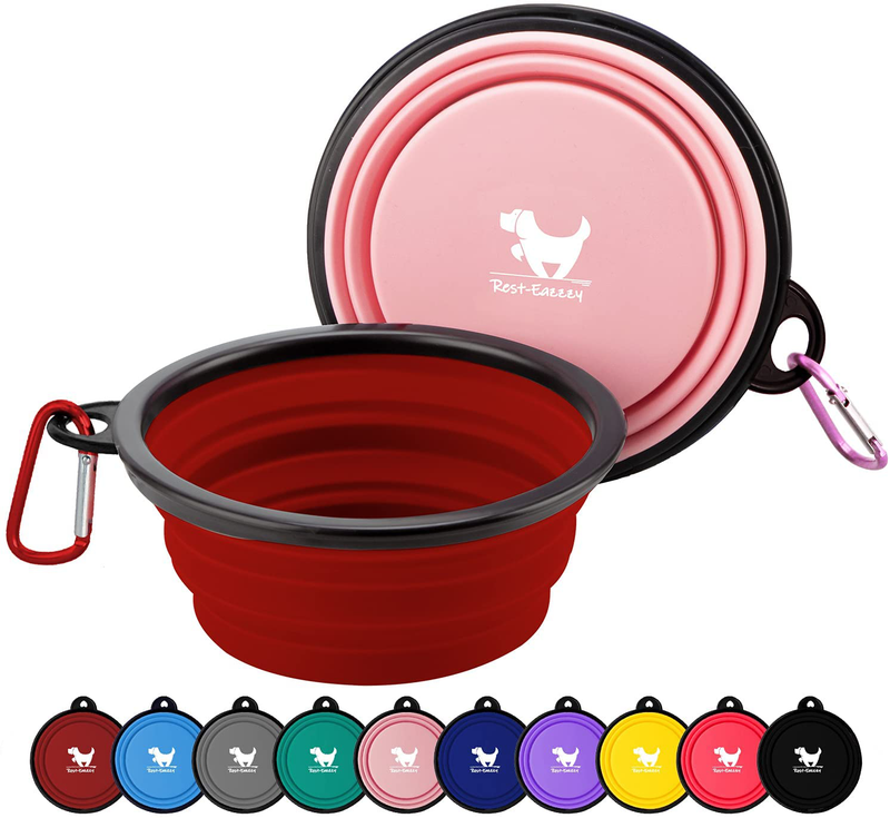 Rest-Eazzzy Expandable Dog Bowls for Travel, 2-Pack Dog Portable Water Bowl for Dogs Cats Pet Foldable Feeding Watering Dish for Traveling Camping Walking with 2 Carabiners, BPA Free  Rest-Eazzzy red&pink Medium 