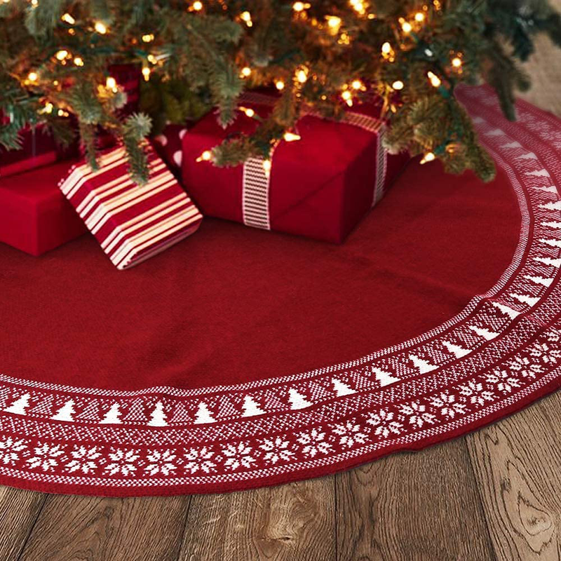 Christmas Tree Skirt 48 Inch,Retro Snowflake Chunky Knitted Tree Skirt for Christmas Decorations Holiday Luxury Tree Xmas Ornaments, Burgundy Red (Burgundy Red)