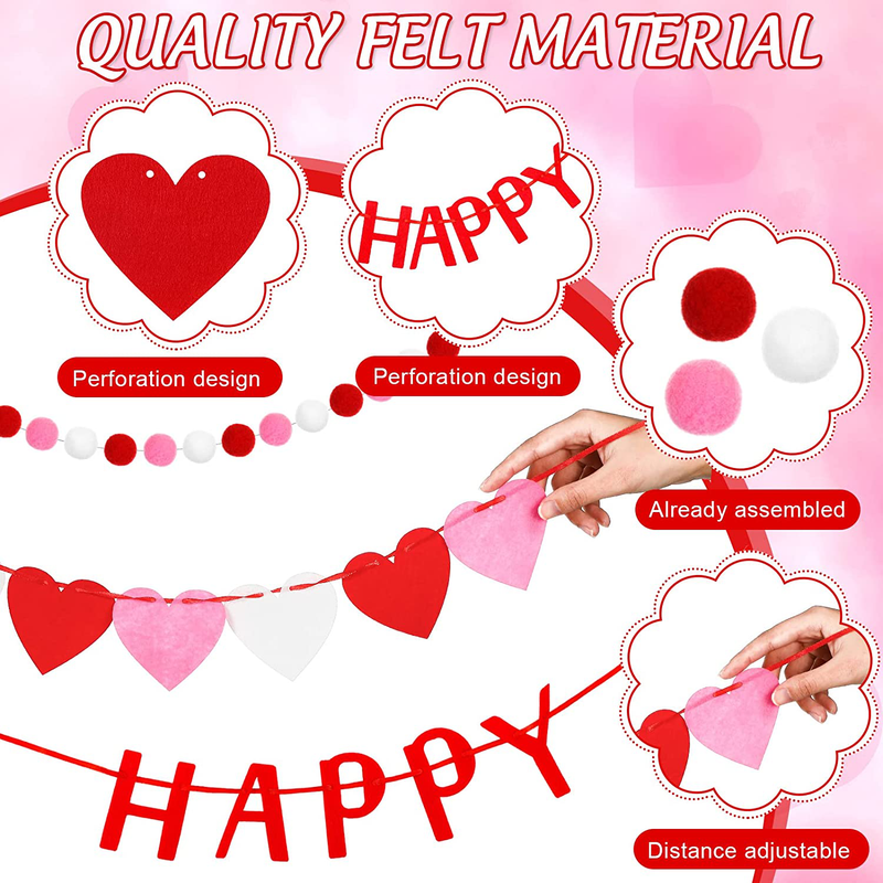 Colorful Valentine'S Day Decor Includes Pom Pom Felt Ball Garlands Red Pink White Felt Heart Garland and Hanging Happy Valentine'S Day Banner for Party Tree Indoor Outdoor Home Office Decoration Home & Garden > Decor > Seasonal & Holiday Decorations Breling   