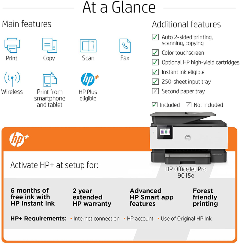 HP Officejet Pro 9015E All-in-One Wireless Color Printer, with Bonus 6 Months Free Instant Ink Thru (1G5L3A) Electronics > Print, Copy, Scan & Fax > Printers, Copiers & Fax Machines HP   