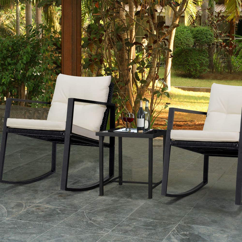 Devoko 3 Piece Rocking Bistro Set Wicker Patio Outdoor Furniture Porch Chairs Conversation Sets with Glass Coffee Table (Beige)
