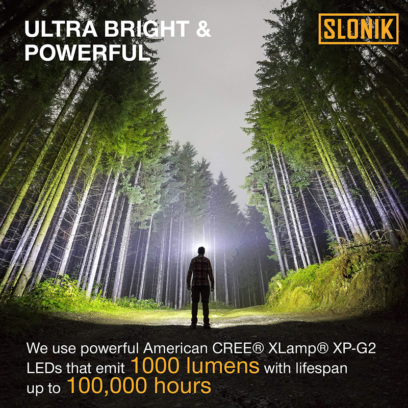 SLONIK 1000 Lumen Rechargeable CREE LED Headlamp W/ 2200 Mah Battery - Lightweight, Durable, Waterproof and Dustproof Headlight - Xtreme Bright 600 Ft Beam - Camping and Hiking Gear Sporting Goods > Outdoor Recreation > Camping & Hiking > Camping Tools SLONIK   