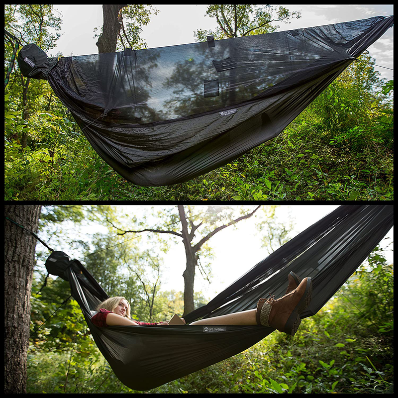 Go Camping Hammock 2.0 W/ Built-In Mosquito Net - Slate Gray by Go Outfitters: 11' Long X 64" Wide |Includes 2 Premium Aluminum Carabiners, Rapid Deployment Bag, 4 Stakes & 4 Shock Cords