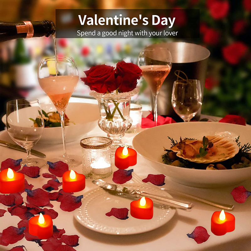 SHYMERY 1000 Pcs Artificial Rose Petals with 24 Pack Red Heart Shaped Flameless LED Tea Light Candles,Rose Pedals & Candles for Romantic Night,Him Set,Valentine'S Day,Honeymoon,Love Decorations Home & Garden > Decor > Seasonal & Holiday Decorations SHYMERY   