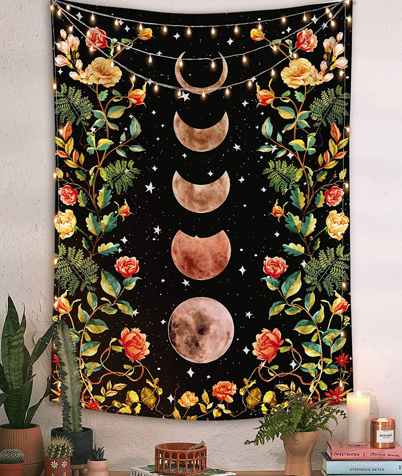 Moon Tapestry Wall hanging, Boho Tapestries Wall Decor, Floral Tapastry with Moonlit Garden Phase Star for Bedroom Black 36''×48'' Home & Garden > Decor > Artwork > Decorative Tapestries AMM black S-36''×48‘’ 