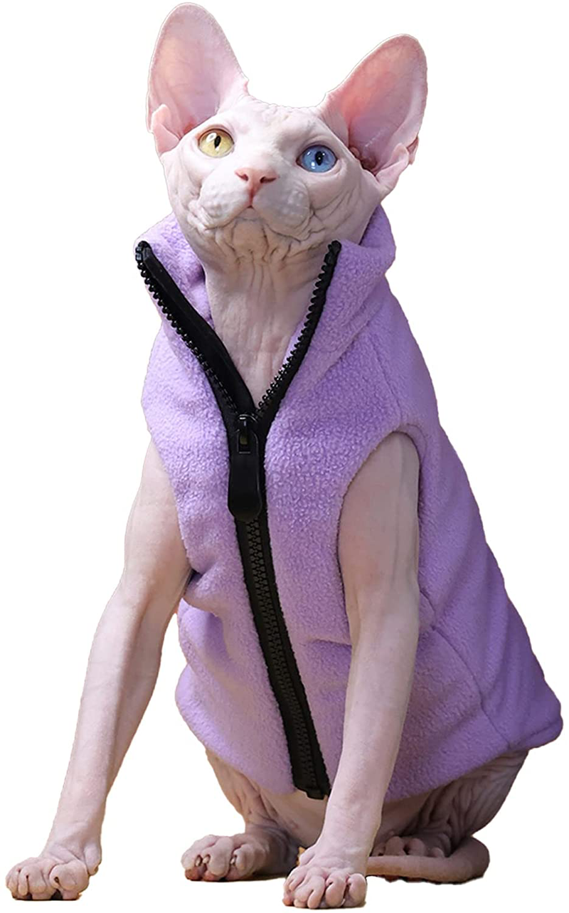 Sphynx Hairless Cat Clothes Autumn Winter Fashion Solid Color Zipper Coat Sleeveless High Collar Soft Faux Fur Sweater Outfit with Pocket Animals & Pet Supplies > Pet Supplies > Cat Supplies > Cat Apparel WQCXYHW Purple XXL(11-15lbs) 