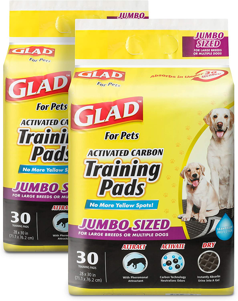 Glad for Pets Black Charcoal Puppy Pads-New & Improved Puppy Potty Training Pads That ABSORB & NEUTRALIZE Urine Instantly-Training Pads for Dogs, Dog Pee Pads, Pee Pads for Dogs, Dog Crate Pads Animals & Pet Supplies > Pet Supplies > Dog Supplies > Dog Diaper Pads & Liners Fetch for Pets Jumbo 30 Count (Pack of 2) 
