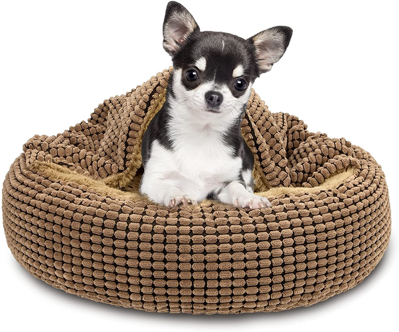 FURTIME Small Dog Bed Cat Bed with Blanket Attached, 23/26 Inch Cozy Cuddler Orthopedic Calming Cave Hooded Pet Bed, round Donut Anti-Anxiety Dog Bed for Small Dogs or Cats Washable, Anti-Slip Bottom Animals & Pet Supplies > Pet Supplies > Cat Supplies > Cat Beds FURTIME S-(23" x 23" x 6")  