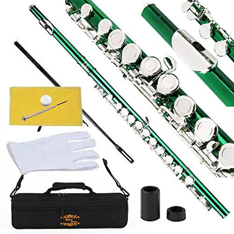 Glory Closed Hole C Flute With Case, Tuning Rod and Cloth,Joint Grease and Gloves Nickel/Laquer-More Colors available,Click to see more colors  GLORY Green/Silver  