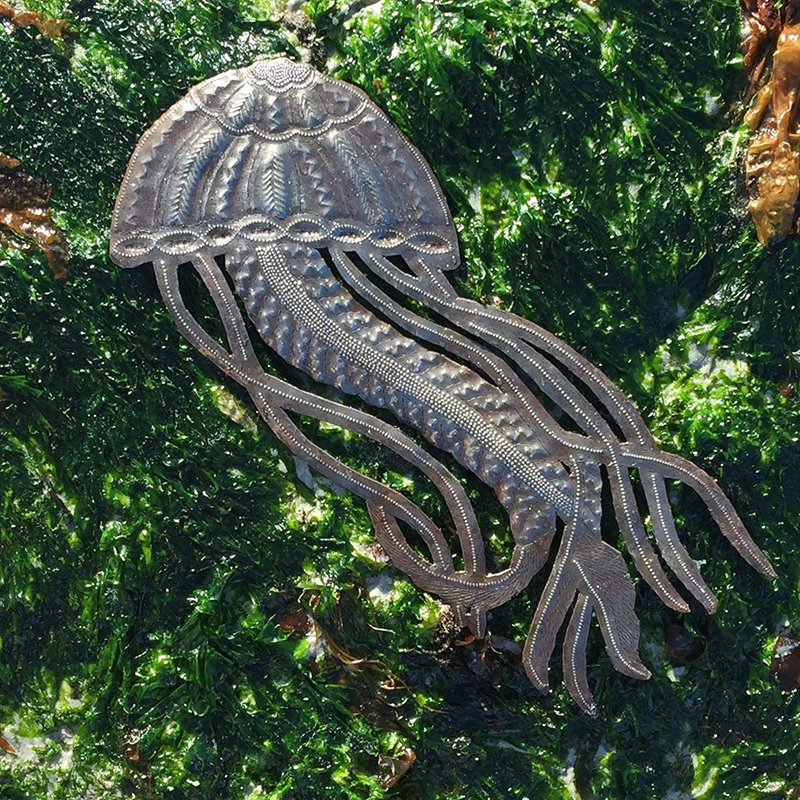 Jellyfish, Nautical Theme Wall Hanging Plaques, Sea Life Ocean Creature, Authentic Upcycled Artwork, Handmade in Haiti 17 x 7 Inches Home & Garden > Decor > Artwork > Sculptures & Statues It's Cactus   
