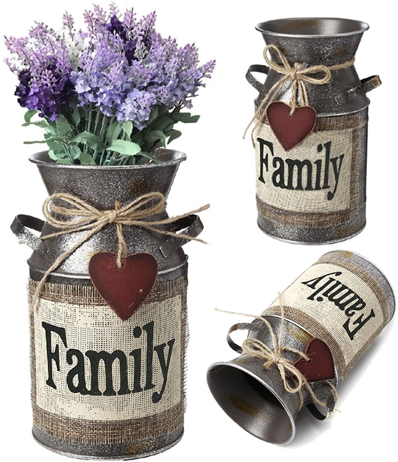 HIDERLYS 7.5" High Rustic Decorative Vase with Greetings and Rope Design, Metal Milk Can Country Jug for Living Room, Bedroom, Kitchen(Family) Home & Garden > Decor > Vases HIDERLYS   