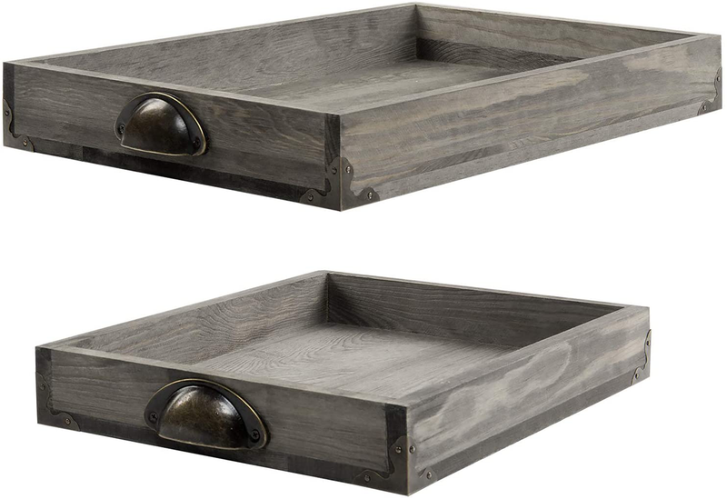 MyGift Vintage Gray Wood Trays with Antique Metal Corners and Handles for Living Room, Kitchen, Breakfast in Bed, and Coffee Table Use, Set of 2