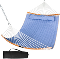 SUNCREAT 13.8 FT Hammocks Quilted Fabric Double Hammock with Detachable Curved Bamboo Spreader Bar and Soft Pillow, Max 450 lbs Capacity, Tan Home & Garden > Lawn & Garden > Outdoor Living > Hammocks SUNCREAT Blue  