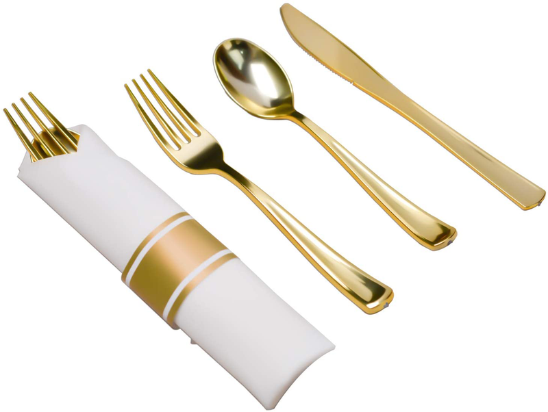 Pre Rolled Gold Plastic Cutlery - 30 Pack Disposable Plastic Utensils, Wrapped silverware Set with 30 Forks, 30 Knives, 30 Spoons and 30 Napkins for Party and Wedding