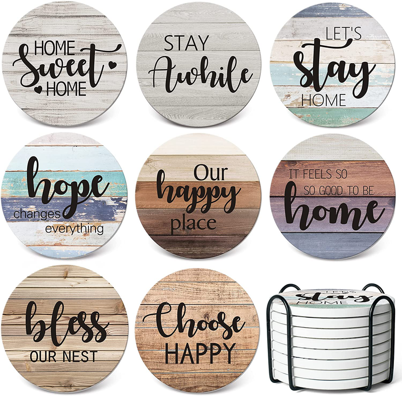 RayPard Absorbent Coasters Stone Coaster Set of 8, Cork Base, with Holder, Wood Look, Farmhouse Country Life Outdoor for Housewarming Apartment Kitchen Room Bar Décor, Rustic Style (Black Holder) Home & Garden > Decor > Seasonal & Holiday Decorations RayPard Black Holder  