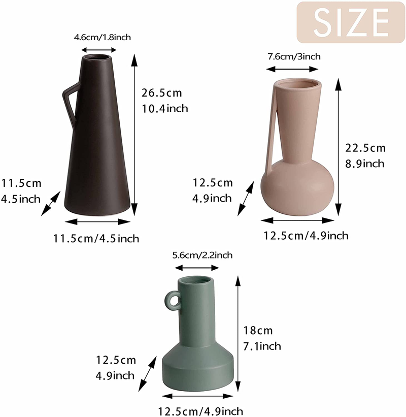 TERESA'S COLLECTIONS Modern Ceramic Vase for Home Decor, Set of 3 Morandi Multicolored Decorative Jug for Living Room, Kitchen, Table, Mantel Decoration, 10.4", 8.9" & 7.1" Tall ( Brown, Pink, Teal )