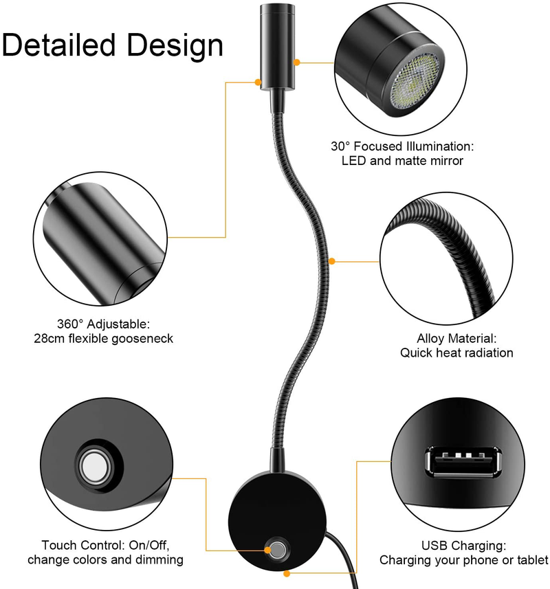 Dimmable LED Wall Mounted Reading Light with 11" Flexible Gooseneck & USB Charging Port - ERAY Plug-In Bedside Reading Wall Lamp Touch Adjustable 3 Colors Temperature Light Black - 2 Pack Home & Garden > Lighting > Lighting Fixtures > Wall Light Fixtures KOL DEALS   