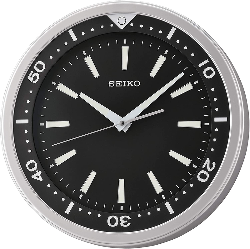 SEIKO 14" Ultra-Modern Watch Face Black & Silver Tone with Quiet Sweep Wall Clock