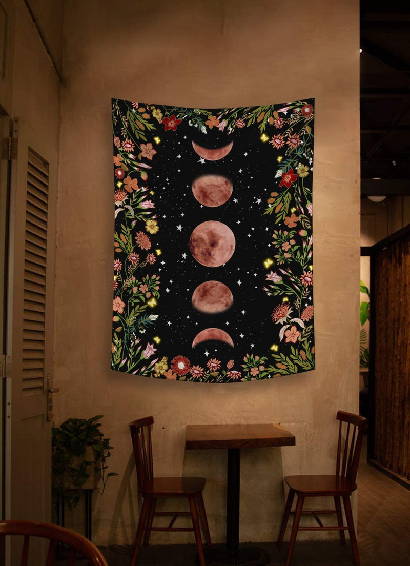 Rexful Moonlit Garden Tapestry, Moon Phase Surrounded by Plants and Flowers Black Wall Hanging Blanket 36×48 inch