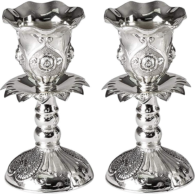 Ner Mitzvah Silver Plated Candlesticks - 2 Pack Set - Pair of 5 Inch Ornate Candle Holders with Round Base and Floral Design Home & Garden > Decor > Home Fragrance Accessories > Candle Holders Ner Mitzvah 4 inches  