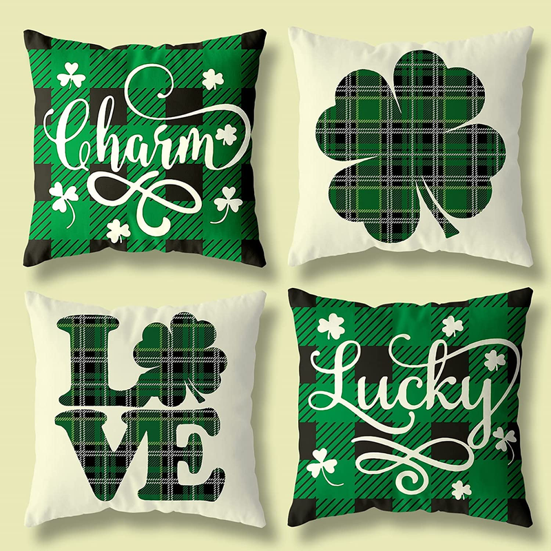 St Patricks Day Pillow Covers Decorations, 18X18 Set of 4 Throw Pillows Cover Lucky Green Shamrock Home Decor Ornaments for Irish Saint Patrick'S Day Arts & Entertainment > Party & Celebration > Party Supplies TGOOD   