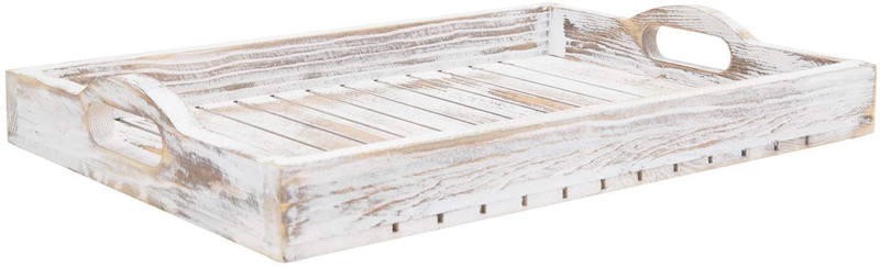 MyGift Shabby Chic Whitewashed Wood Breakfast Serving Tray with Cutout Handles