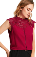 SheIn Women's Elegant Cap Sleeve Keyhole Contrast Lace Blouses Tops Arts & Entertainment > Hobbies & Creative Arts > Arts & Crafts SheIn Red Small 