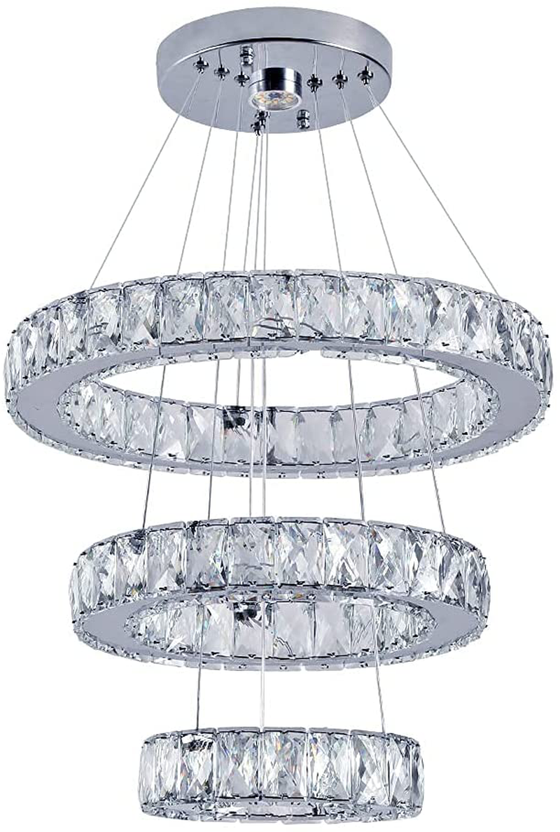 Crystal Chandelier Modern DIY Ceiling Light Fixture LED 3 Rings Round Pendant Lighting Adjustable Stainless Steel Ceiling Lamp for Living Room Dining Room Bedroom (20+30+40 Cold White)