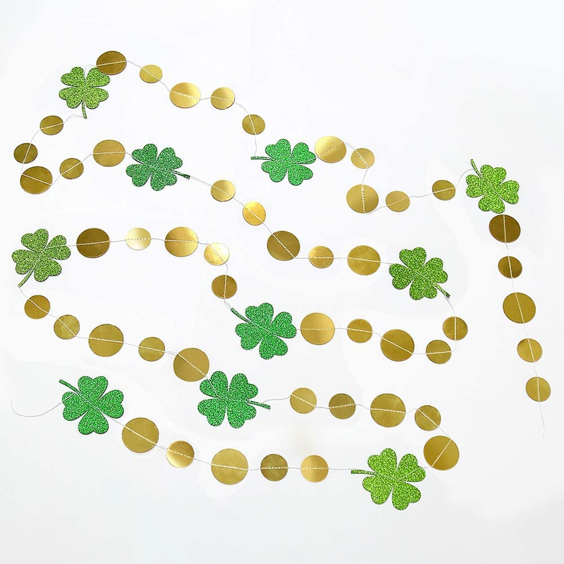 Gold Circle Dots Glitter Shamrock Clover Garland for St Patrick’S Day Decoration Lucky St Patricks Day Decor Spring Party Hanging Streamer Backdrop for Irish Baby Shower Birthday Party Supplies