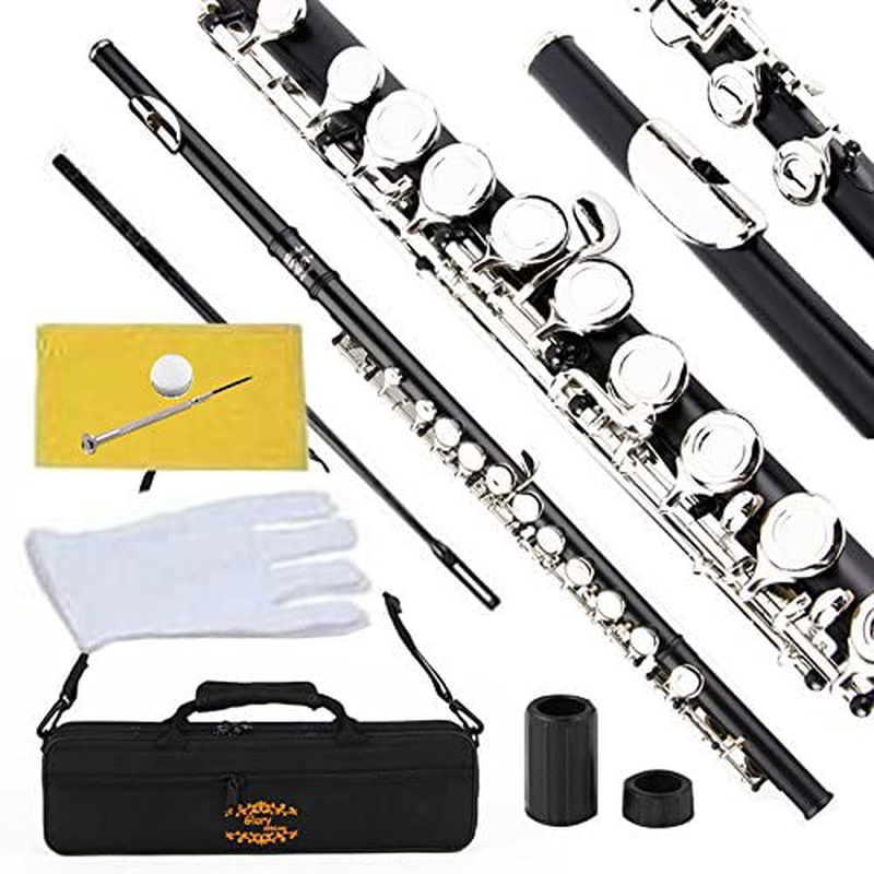 Glory Closed Hole C Flute With Case, Tuning Rod and Cloth,Joint Grease and Gloves Nickel/Laquer-More Colors available,Click to see more colors  GLORY Black/Silver  