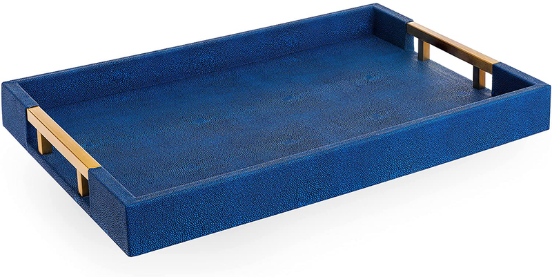 Home Redefined Beautiful Modern Elegant 18"x12" Navy/Gold Brass Rectangle Shagreen Decorative Ottoman Coffee Table Perfume Living Room Kitchen Serving Tray with Metal Handles for All Occasion's Home & Garden > Decor > Decorative Trays Home Redefined Navy/Gold Brass  