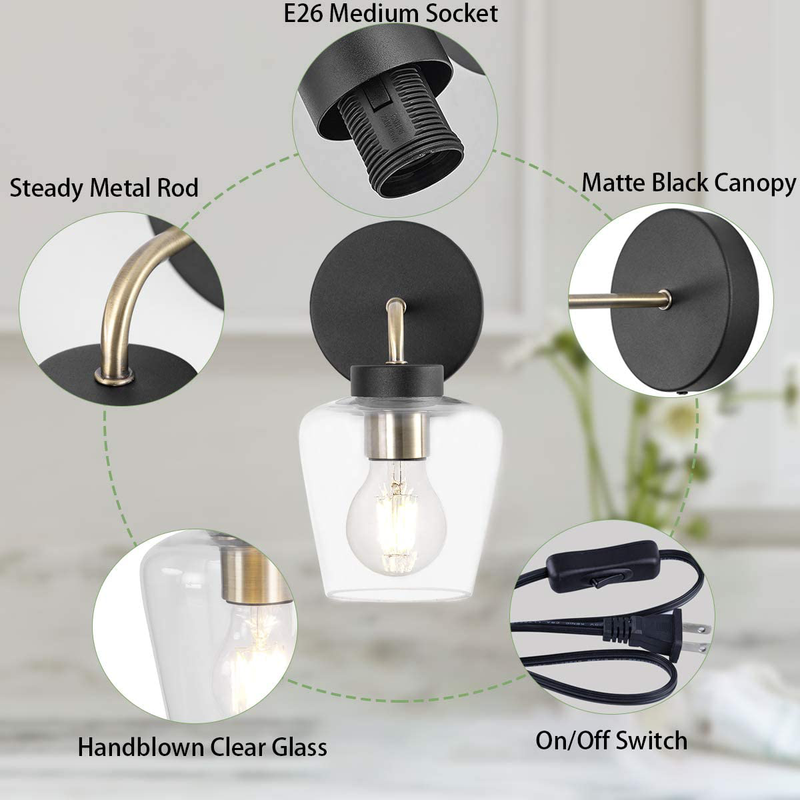 Tehenoo Plug in Wall Sconce, Clear Glass Shade,Modern Matte Black Wall Lamp with Brass Accent Edison Socket for Bedroom,Bedside Living Room,E26 Base