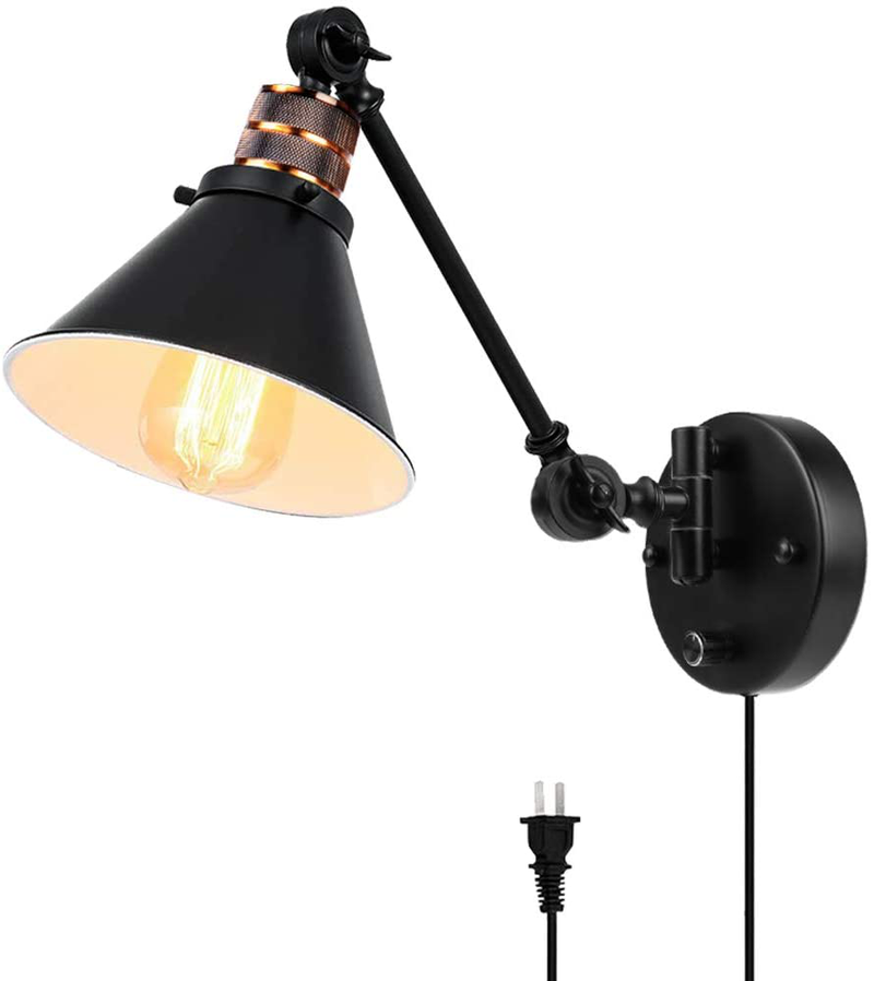 Plug in Wall Sconces , PARTPHONER Swing Arm Wall Lamp with Dimmable on off Switch, Metal Black Vintage Industrial Wall Mounted Lighting Reading Light Fixture for Bedside Bedroom Indoor Doorway Home & Garden > Lighting > Lighting Fixtures > Wall Light Fixtures KOL DEALS   