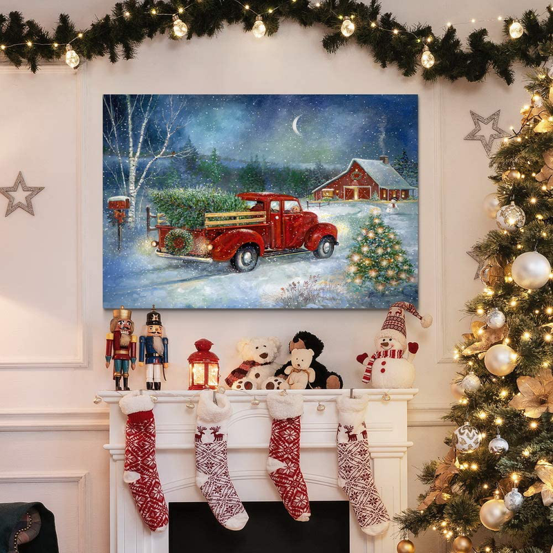 Renditions Gallery Christmas Tree & Red Truck Wall Art, Beautiful Winter Decorations, Snowy Forest and Barn, Premium Gallery Wrapped Canvas Decor, Ready to Hang, 24 in H x 36 in W, Made in America Home & Garden > Decor > Seasonal & Holiday Decorations& Garden > Decor > Seasonal & Holiday Decorations Renditions Gallery   