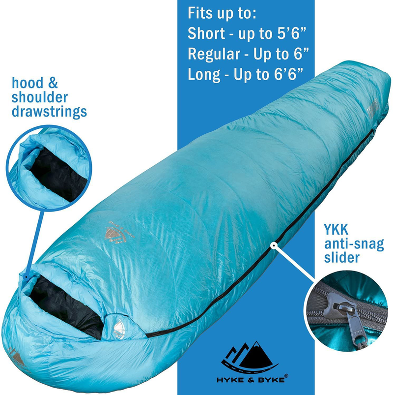 Hyke & Byke Snowmass 650 Fill Power Duck down 0 Degree Backpacking Sleeping Bag for Adults Cold Weather Sleeping Bag - Synthetic Base - Ultra Lightweight 3 Season Camping Sleeping Bags for Kids Too