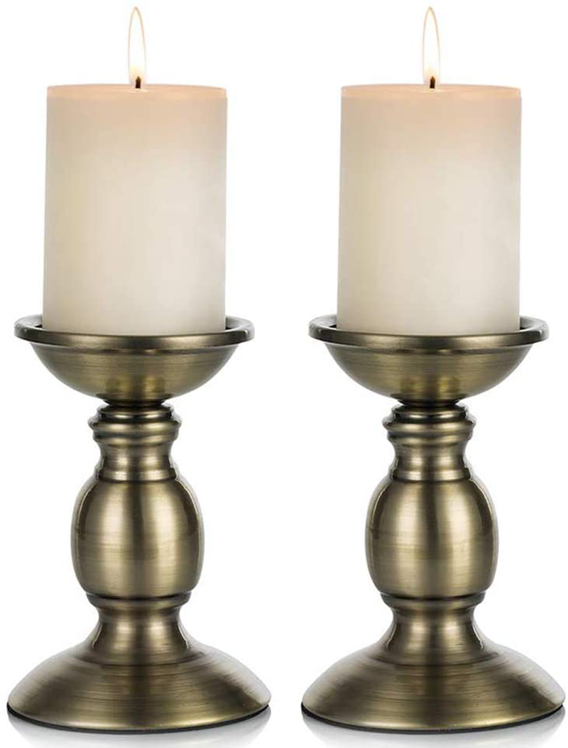 NUPTIO Pillar Candle Holders Metal Candle Holder Ideal for 3 inches Candles, Silver Candle Holder for Living Room, Gardens, Spa, Aromatherapy, Incense Cones, Wedding, Party, 2 Pcs Home & Garden > Decor > Home Fragrance Accessories > Candle Holders Fuzhou cangshan Bronze 2 x S 
