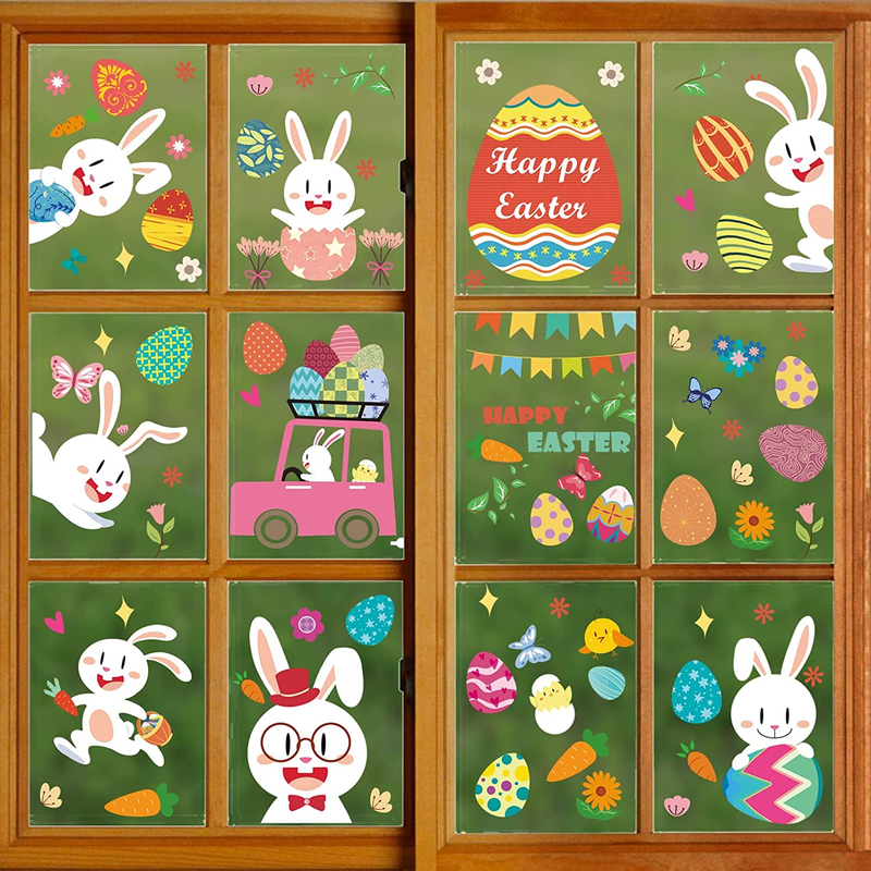 Gonlei 211 PCS Easter Bunny Window Cling Decorations , Easter Window Stickers Large Size , 9 Sheet Easter Eggs Hunt Games Decals ,For Easter Day School Home Party Ornaments