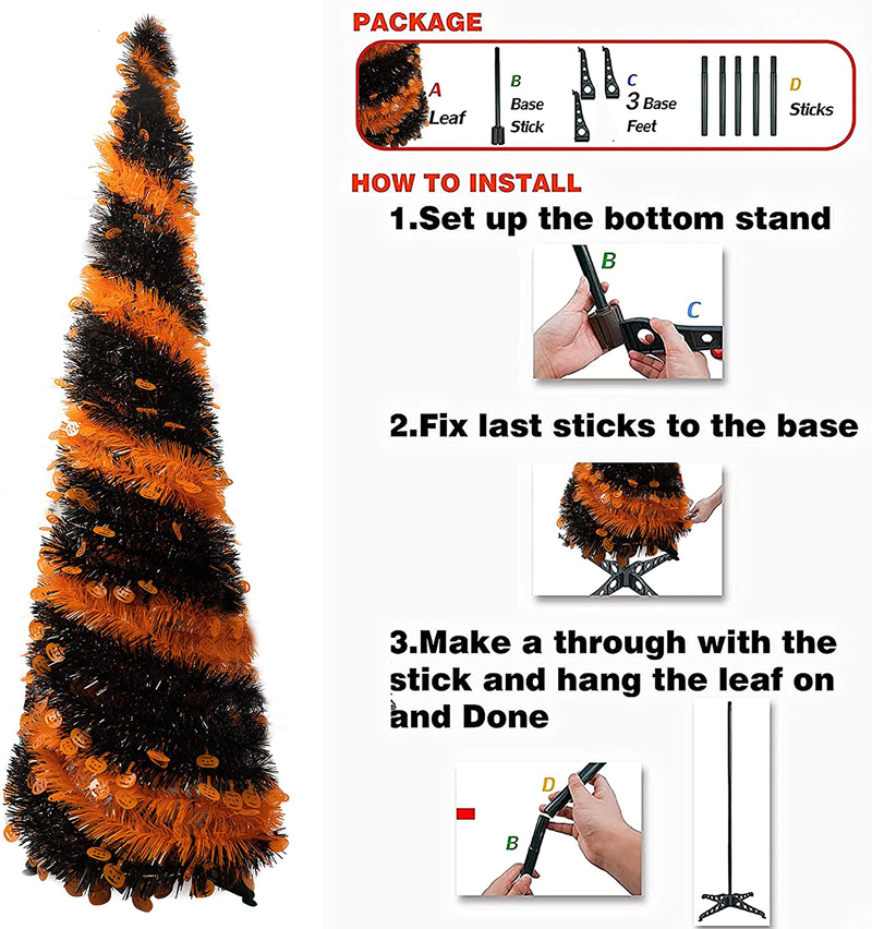 FUNPENY Halloween Christmas Tinsel Tree, 5ft Collapsible Pop Up Pencil Tree with Stand for Halloween Xmas Decorations, Home Decor, Holiday Party Supplies (Black & Orange) Home & Garden > Decor > Seasonal & Holiday Decorations > Christmas Tree Stands FUNPENY   