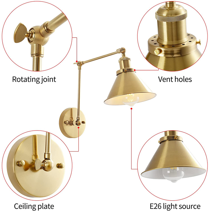 Gold Swing Arm Wall Lamp, Adjustable Hardwired Wall Sconce Set of 2 with Cone Shade Rotatable Arm Sconce- OVANUS Home & Garden > Lighting > Lighting Fixtures > Wall Light Fixtures KOL DEALS   