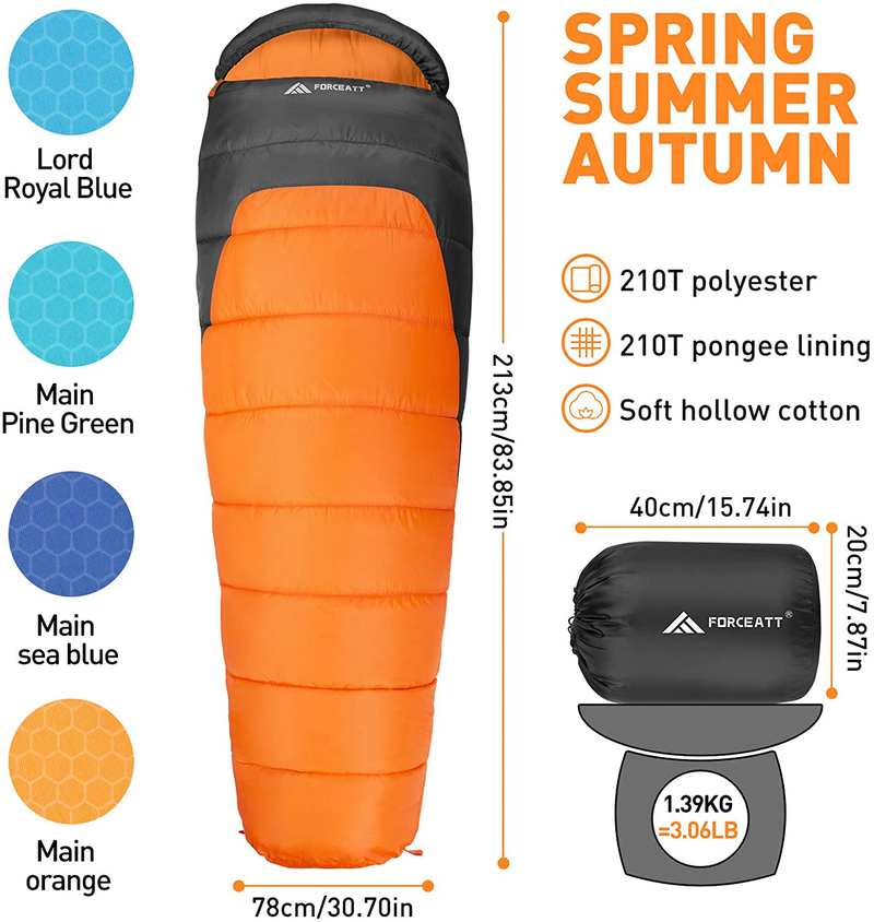 Forceatt Sleeping Bag, 50-77℉ Lightweight & Portable Sleeping Bags for Adults, Backpacking Mummy Sleeping Bag Suitable Camping, Hiking, Indoor and Outdoor Use, for 3 Seasons of Warm and Cool Weather. Sporting Goods > Outdoor Recreation > Camping & Hiking > Sleeping BagsSporting Goods > Outdoor Recreation > Camping & Hiking > Sleeping Bags Forceatt   