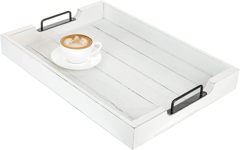 MyGift Vintage White Wood 20-Inch Serving Tray with Modern Matte Black Metal Handles
