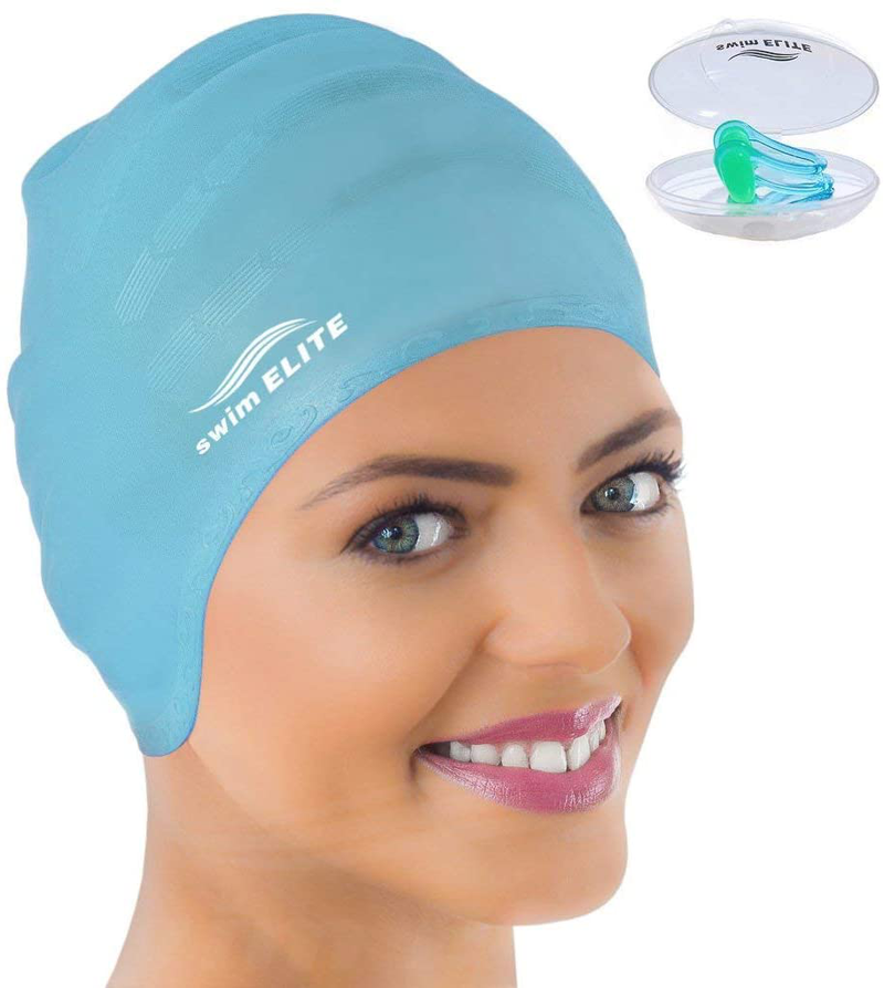 Swim Cap for Long Hair - Silicone Swimcap for Long Hair | Swimming Caps for Women & Men | Silicone Swim Caps for Long Hair - Bathing Cap to Keep Your Hair Dry Sporting Goods > Outdoor Recreation > Boating & Water Sports > Swimming > Swim Caps SWIM ELITE LIGHT BLUE  
