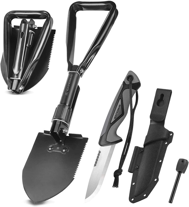 Extremus Trench Folding Camping Shovel, Military Emergency Shovel, Firefighting Shovel, Trenching Tool, Portable Shovel, Great for Backpacking, Carbon Steel Handle and Blade, Folds to 8”, Storage Bag. Sporting Goods > Outdoor Recreation > Camping & Hiking > Camping Tools Extremus Black Shovel with Knife  