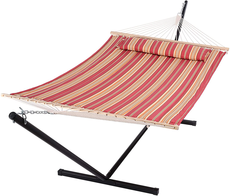 SUNCREAT 55 Inch Extra Large Double Hammock with Stand, 475lbs Capacity, Outdoor Portable Hammock with Hardwood Spreader Bar, Extra Large Pillow, Grey Home & Garden > Lawn & Garden > Outdoor Living > Hammocks SUNCREAT Red Stripes  