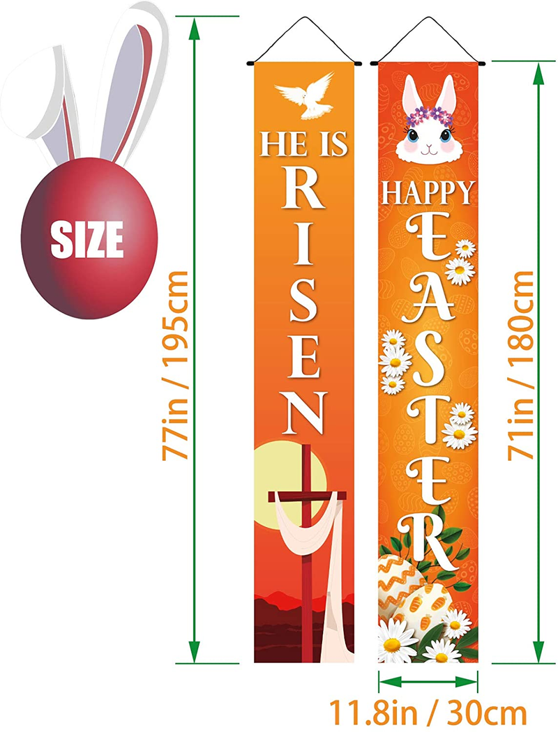 Happy Easter Day Porch Sign, Holy Week He Is Risen Decoration Hanging Banner for Front Porch Door Home Indoor Outdoor, Decorated with Cross Easter Eggs Easter Bunny Easter Lily White Dove