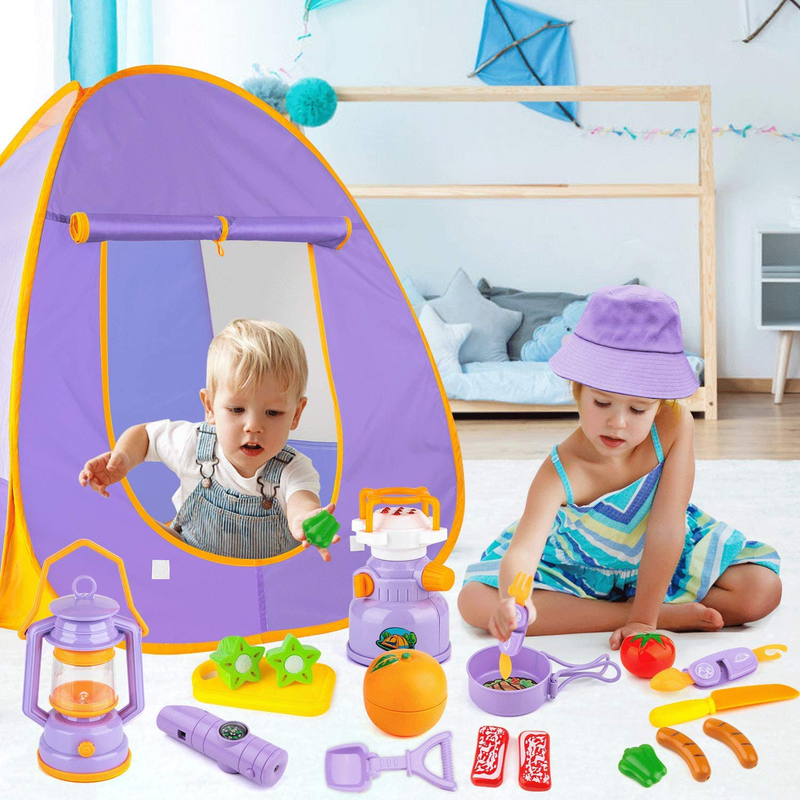 Kids Camping Tent Set Toys, MIBOTE 45Pcs Pop up Play Tent with Camping Gear Indoor Outdoor Pretend Play Set for Toddler Boys Girls - Including Telescope, Walkie Talkie