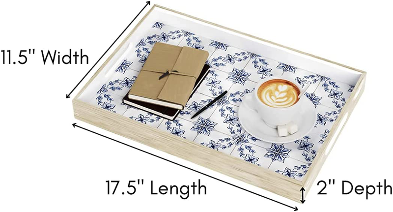 Snoodling Large Decorative Serving Tray with Cutout Handles for Ottoman, Kitchen, and Coffee Table, Lacquered Blue and White Portuguese Tile Design, 12 x 17 inch