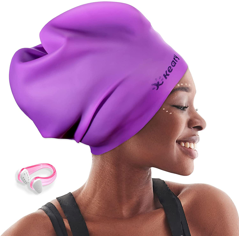 Keary Extra Large Swim Cap for Braids and Dreadlocks Extensions Weaves Long Hair, Waterproof Silicone Cover Ear Bath Pool Shower Swimming Cap for Adult Youth to Keep Hair Dry, Easy to Put On and Off Sporting Goods > Outdoor Recreation > Boating & Water Sports > Swimming > Swim Caps Keary Purple  