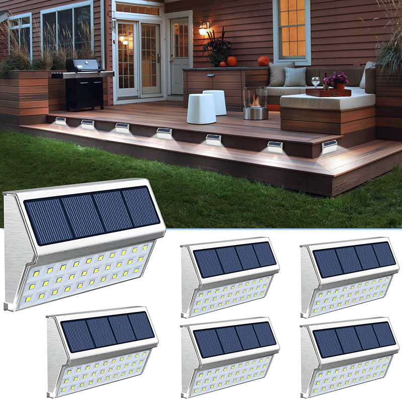 ROSHWEY Deck Lights Outdoor 30 LED Stainless Steel Fence Post Solar Lamps Waterproof Step Lighting for Walkway Stairs (Pack of 10, Cool White Light)