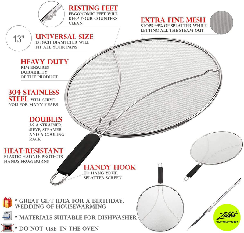 Grease Splatter Screen for Frying Pan 13" - Stops 99% of Hot Oil Splash - Protects Skin from Burns - Splatter Guard for Cooking - Iron Skillet Lid Keeps Kitchen Clean - Stainless Steel